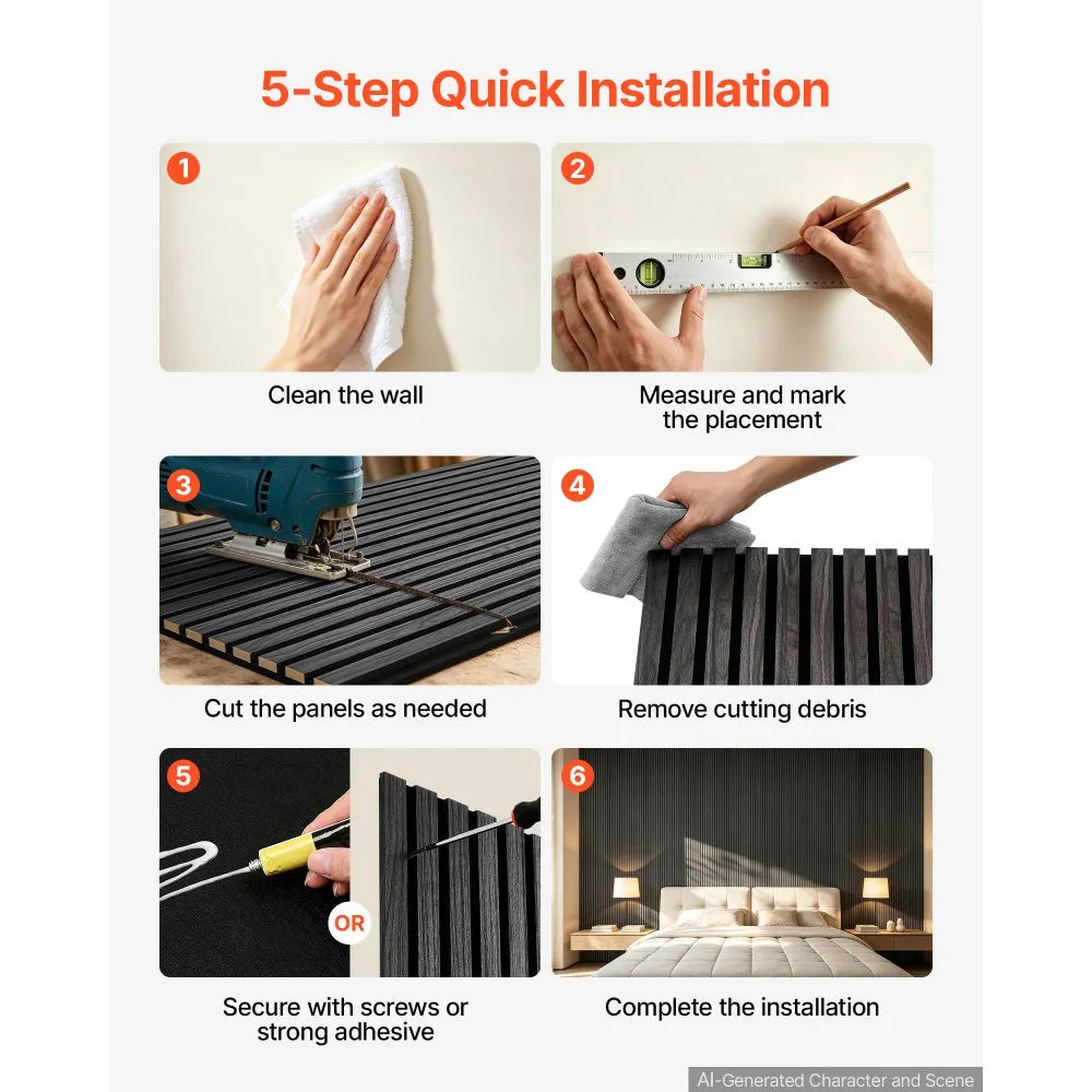 VEVOR Wood Wall Panels, 94.5 x 23.6 inches, Acoustic Slat Panels, Black Oak, Sound Absorbing for Living Rooms, Bedrooms, Offices, Studios, Interior Wall Decor, MDF & PET Construction, Screw Kit, 2-Pack
