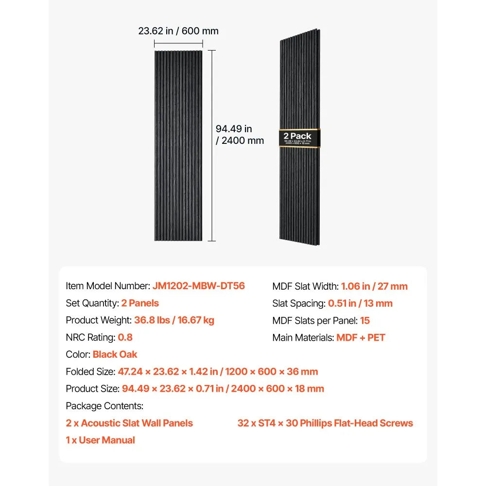 VEVOR Wood Wall Panels, 94.5 x 23.6 inches, Acoustic Slat Panels, Black Oak, Sound Absorbing for Living Rooms, Bedrooms, Offices, Studios, Interior Wall Decor, MDF & PET Construction, Screw Kit, 2-Pack