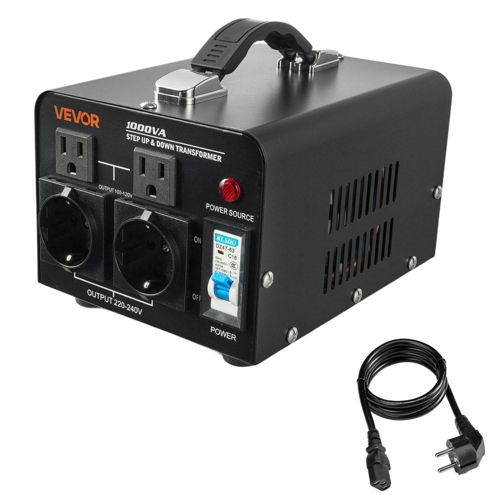 VEVOR Voltage Converter Transformer, 1000VA, Heavy Duty Step Up/Down Power Transformer, Convert from 110V to 220V and 220V to 110V, with US Outlets, EU Outlets, Power Cord, Circuit Breaker Protection