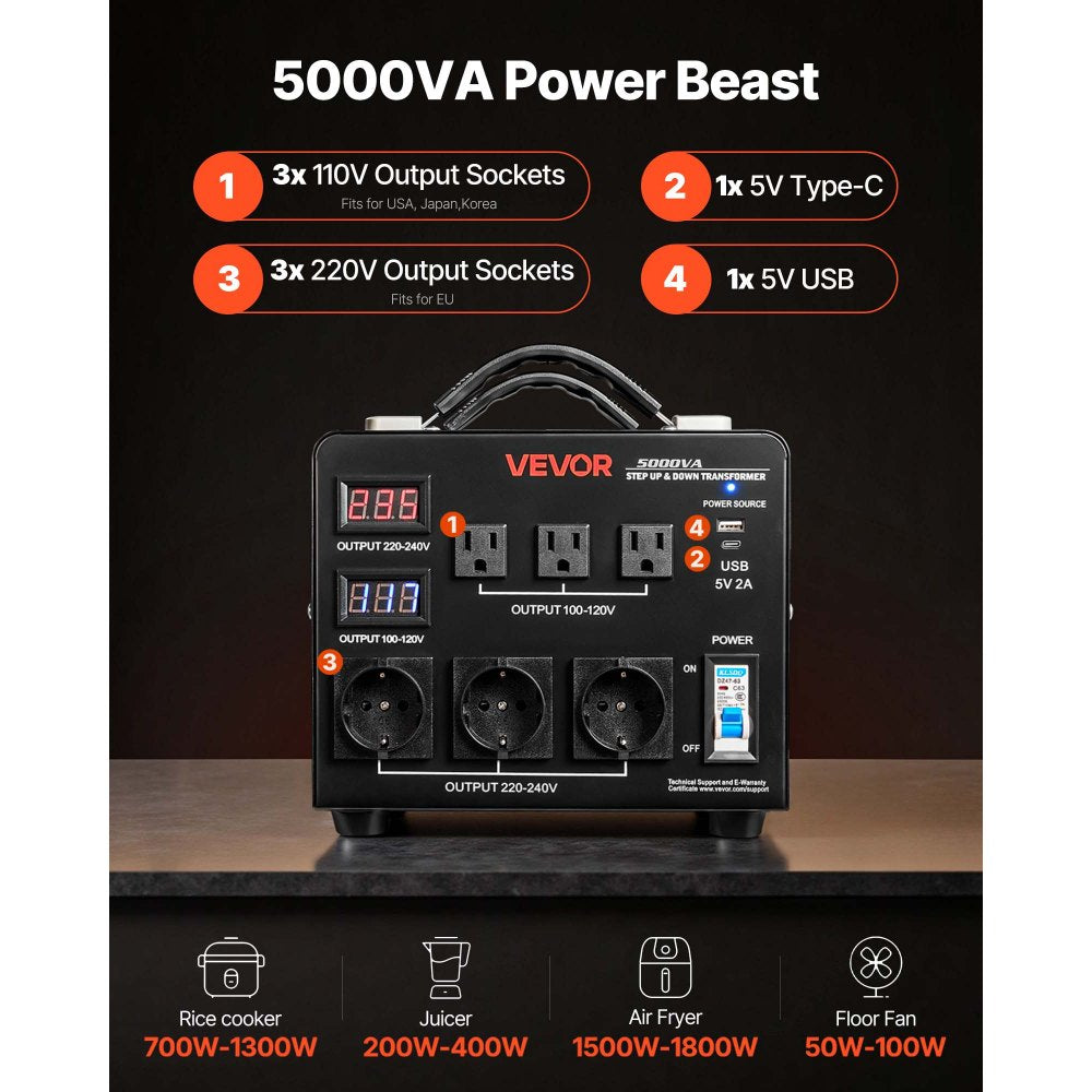 VEVOR Voltage Auto Converter Transformer, 5000VA, Heavy Duty Step Up/Down Power Transformer, 110V to 220V and 220V to 110V, with 3 US Outlets, 3 EU Outlets, LCD Display, Circuit Breaker Protection