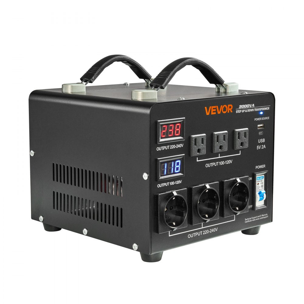 VEVOR Voltage Auto Converter Transformer, 3000VA, Heavy Duty Step Up/Down Power Transformer, 110V to 220V and 220V to 110V, with 3 US Outlets, 3 EU Outlets, LCD Display, Circuit Breaker Protection