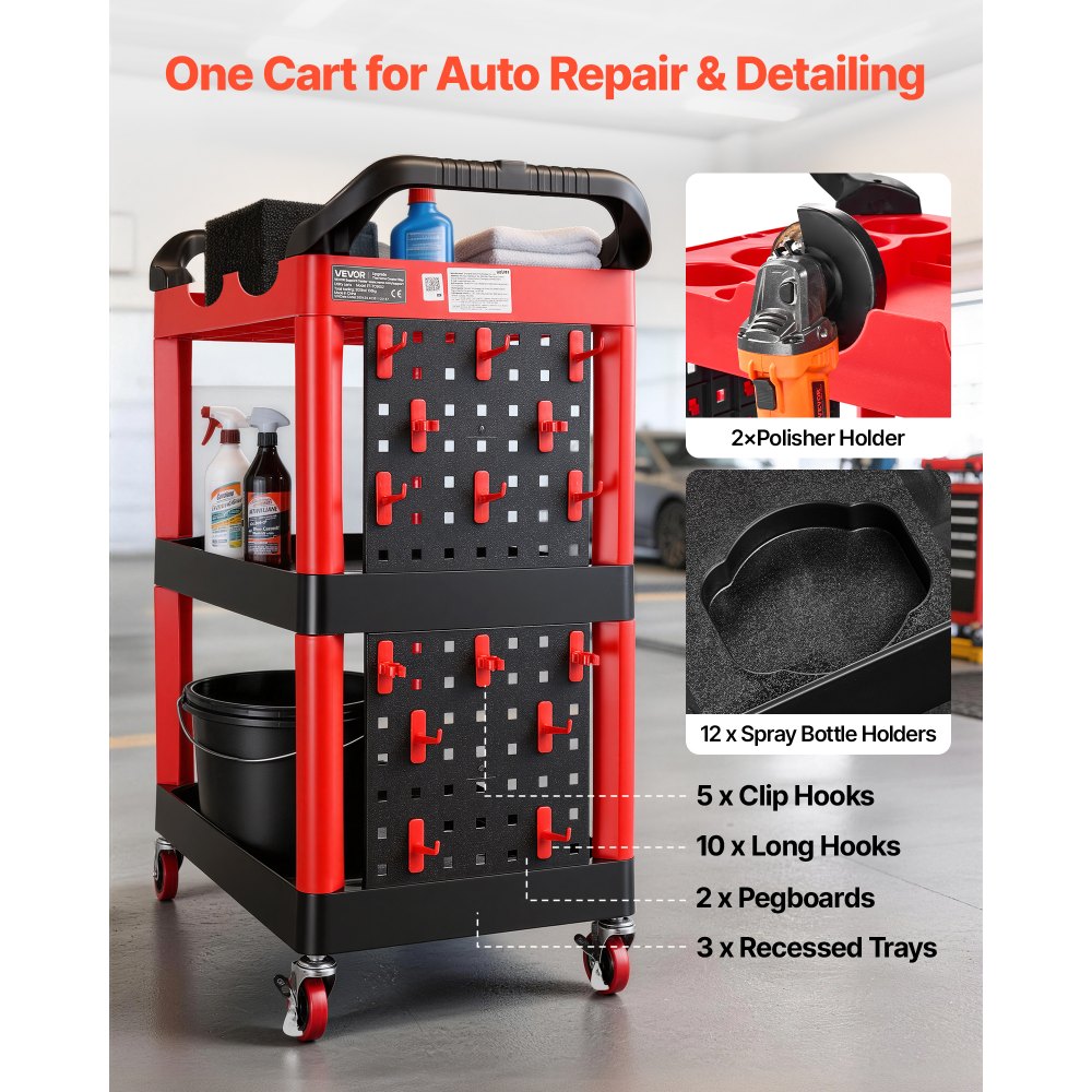 VEVOR Utility Cart, 300 lbs Capacity, 3 Tier Service Cart with 360° Swivel Wheels (2 with Brakes), Heavy Duty Plastic Rolling with Trays and Pegboards, Tool Storage for Garage, Warehouse & Repair Shop