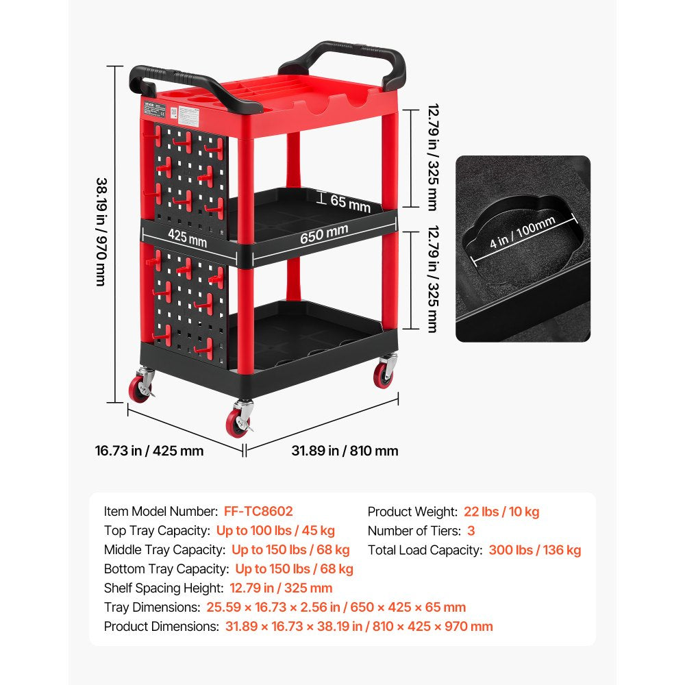 VEVOR Utility Cart, 300 lbs Capacity, 3 Tier Service Cart with 360° Swivel Wheels (2 with Brakes), Heavy Duty Plastic Rolling with Trays and Pegboards, Tool Storage for Garage, Warehouse & Repair Shop