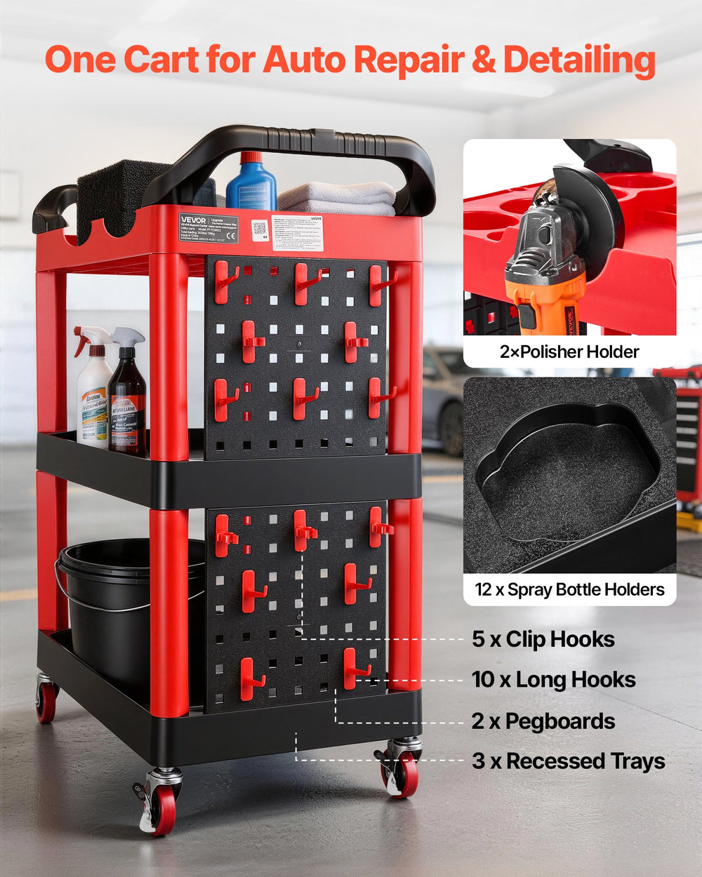 VEVOR Utility Cart, 300 lbs Capacity, 3 Tier Service Cart with 360° Swivel Wheels (2 with Brakes), Heavy Duty Plastic Rolling with Trays and Pegboards, Tool Storage for Garage, Warehouse & Repair Shop