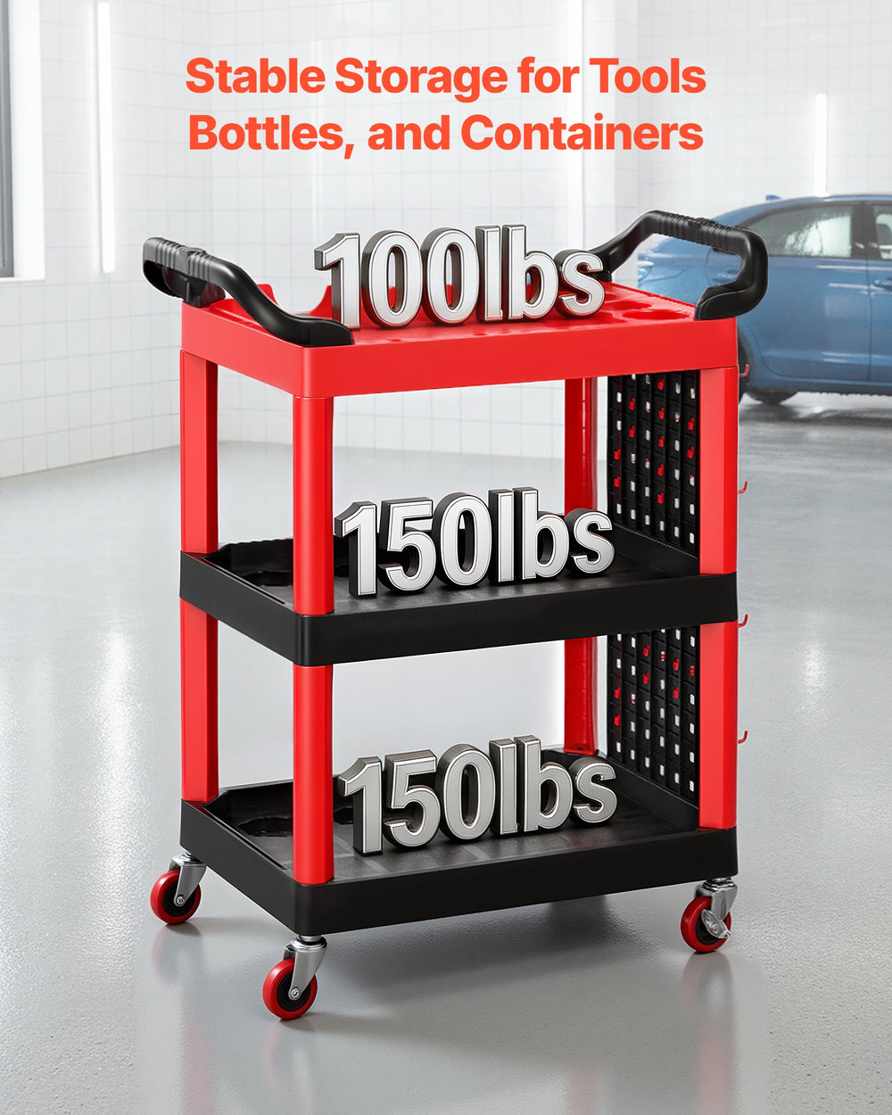 VEVOR Utility Cart, 300 lbs Capacity, 3 Tier Service Cart with 360° Swivel Wheels (2 with Brakes), Heavy Duty Plastic Rolling with Trays and Pegboards, Tool Storage for Garage, Warehouse & Repair Shop