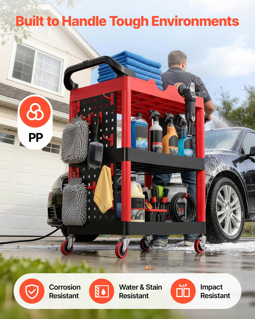 VEVOR Utility Cart, 300 lbs Capacity, 3 Tier Service Cart with 360° Swivel Wheels (2 with Brakes), Heavy Duty Plastic Rolling with Trays and Pegboards, Tool Storage for Garage, Warehouse & Repair Shop