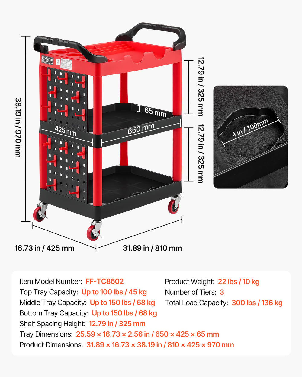 VEVOR Utility Cart, 300 lbs Capacity, 3 Tier Service Cart with 360° Swivel Wheels (2 with Brakes), Heavy Duty Plastic Rolling with Trays and Pegboards, Tool Storage for Garage, Warehouse & Repair Shop