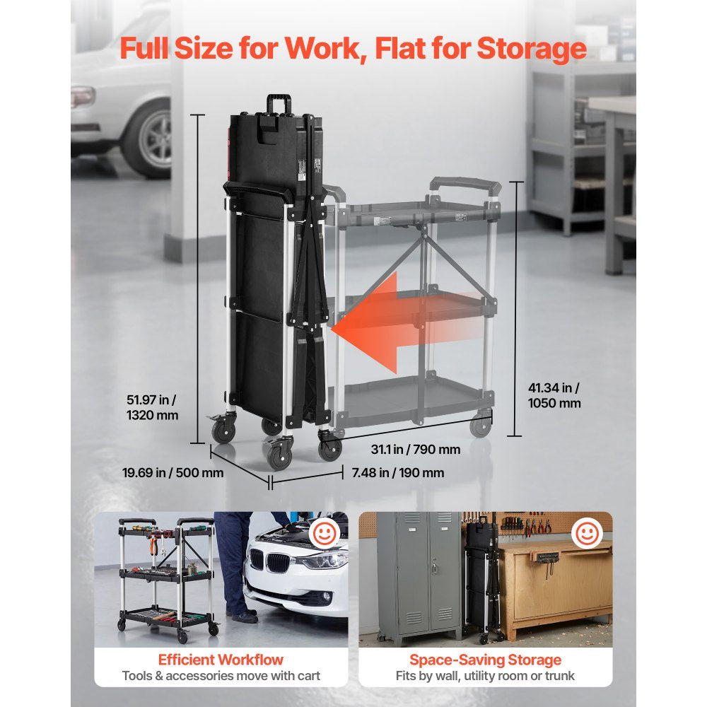 VEVOR Utility Cart, 300 lbs Capacity, 3 Tier Folding Service Cart with 360° Swivel Wheels (2 with Brakes), Heavy Duty Rolling with Trays & Side Tool Holder, Tool Storage for Garage Warehouse Workshop