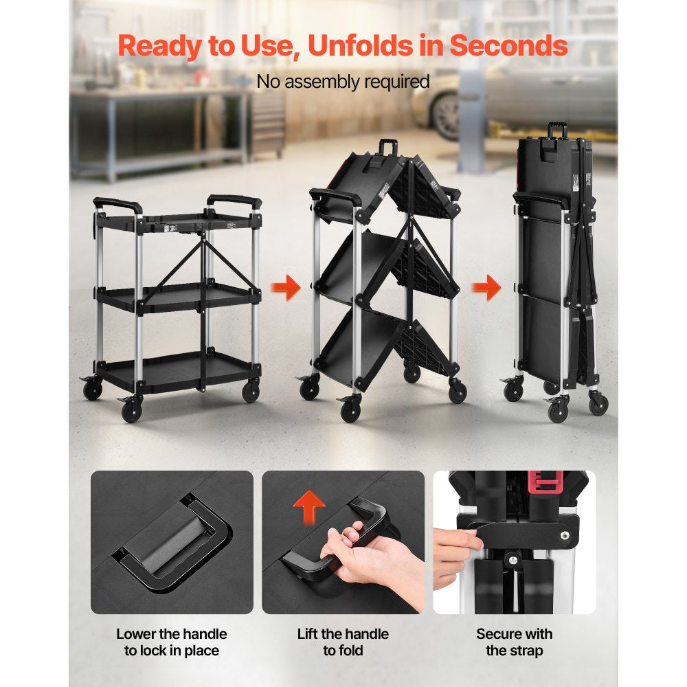 VEVOR Utility Cart, 300 lbs Capacity, 3 Tier Folding Service Cart with 360° Swivel Wheels (2 with Brakes), Heavy Duty Rolling with Trays & Side Tool Holder, Tool Storage for Garage Warehouse Workshop