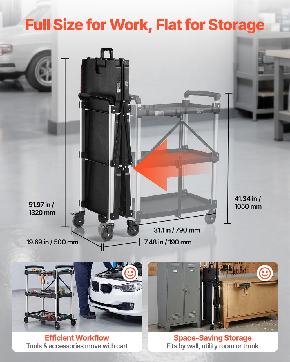 VEVOR Utility Cart, 300 lbs Capacity, 3 Tier Folding Service Cart with 360° Swivel Wheels (2 with Brakes), Heavy Duty Rolling with Trays & Side Tool Holder, Tool Storage for Garage Warehouse Workshop