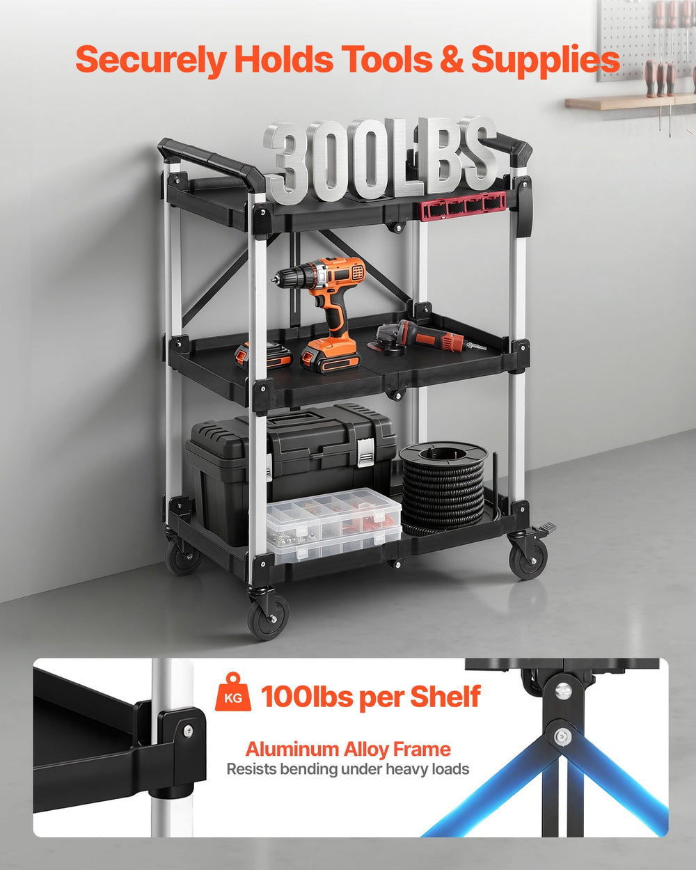 VEVOR Utility Cart, 300 lbs Capacity, 3 Tier Folding Service Cart with 360° Swivel Wheels (2 with Brakes), Heavy Duty Rolling with Trays & Side Tool Holder, Tool Storage for Garage Warehouse Workshop