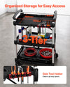 VEVOR Utility Cart, 300 lbs Capacity, 3 Tier Folding Service Cart with 360° Swivel Wheels (2 with Brakes), Heavy Duty Rolling with Trays & Side Tool Holder, Tool Storage for Garage Warehouse Workshop