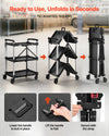 VEVOR Utility Cart, 300 lbs Capacity, 3 Tier Folding Service Cart with 360° Swivel Wheels (2 with Brakes), Heavy Duty Rolling with Trays & Side Tool Holder, Tool Storage for Garage Warehouse Workshop