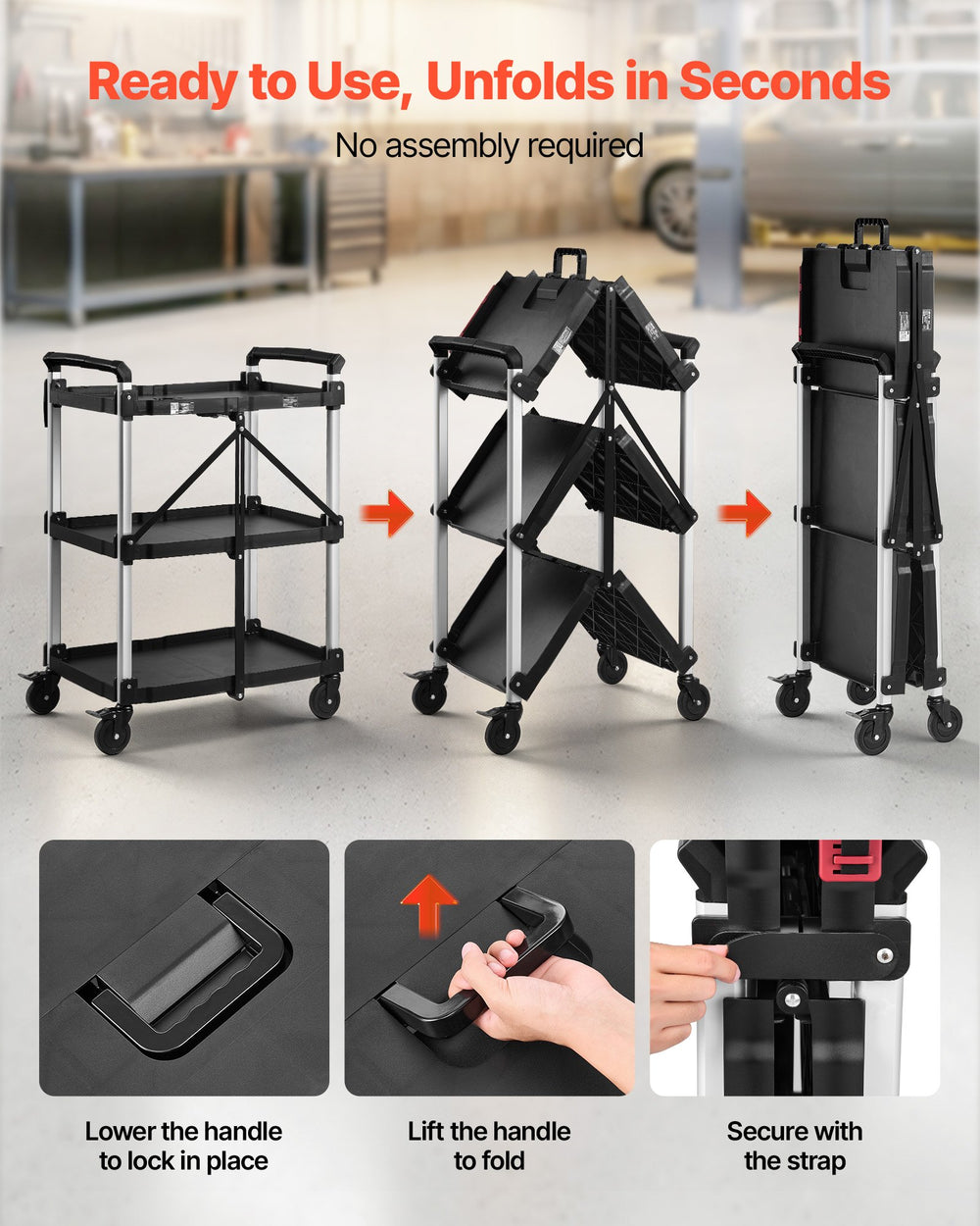 VEVOR Utility Cart, 300 lbs Capacity, 3 Tier Folding Service Cart with 360° Swivel Wheels (2 with Brakes), Heavy Duty Rolling with Trays & Side Tool Holder, Tool Storage for Garage Warehouse Workshop