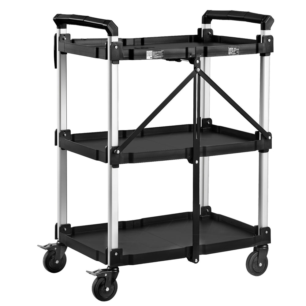 VEVOR Utility Cart, 300 lbs Capacity, 3 Tier Folding Service Cart with 360° Swivel Wheels (2 with Brakes), Heavy Duty Rolling with Trays & Side Tool Holder, Tool Storage for Garage Warehouse Workshop