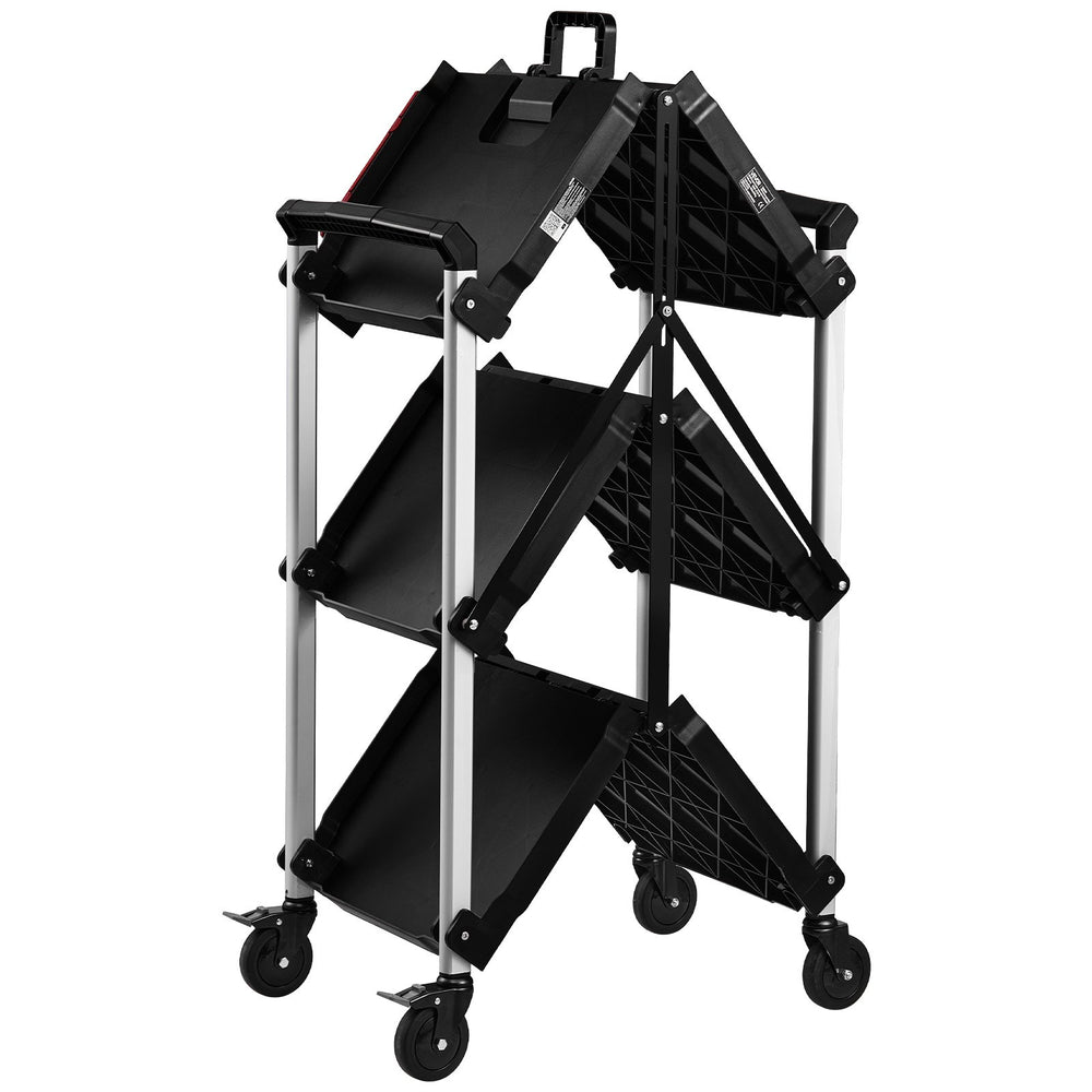 VEVOR Utility Cart, 300 lbs Capacity, 3 Tier Folding Service Cart with 360° Swivel Wheels (2 with Brakes), Heavy Duty Rolling with Trays & Side Tool Holder, Tool Storage for Garage Warehouse Workshop