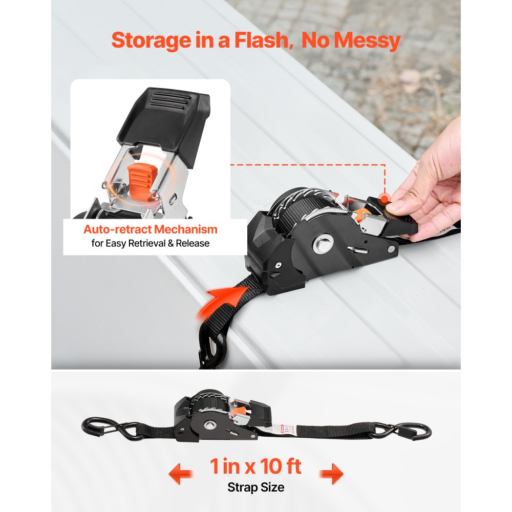 VEVOR Retractable Ratchet Straps, 1 in x 10 ft, Tie Down Straps with S Hooks, 1200 lbs Break Strength, 4 Soft Loops, Tie Down Ratcheting for Moving, Trailers, Motorcycles, Kayaks, Car Roof, 4 Pack