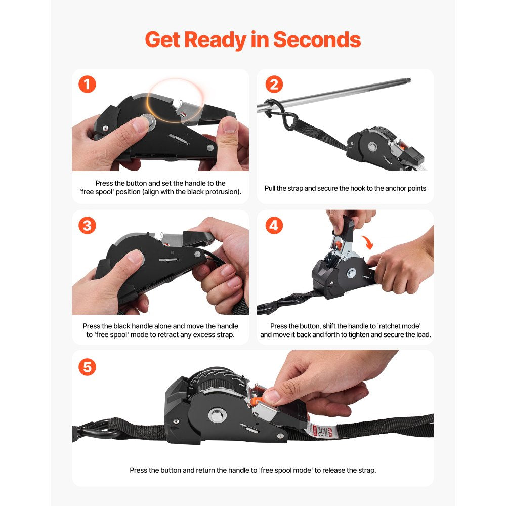 VEVOR Retractable Ratchet Straps, 1 in x 10 ft, Tie Down Straps with S Hooks, 1200 lbs Break Strength, 4 Soft Loops, Tie Down Ratcheting for Moving, Trailers, Motorcycles, Kayaks, Car Roof, 4 Pack