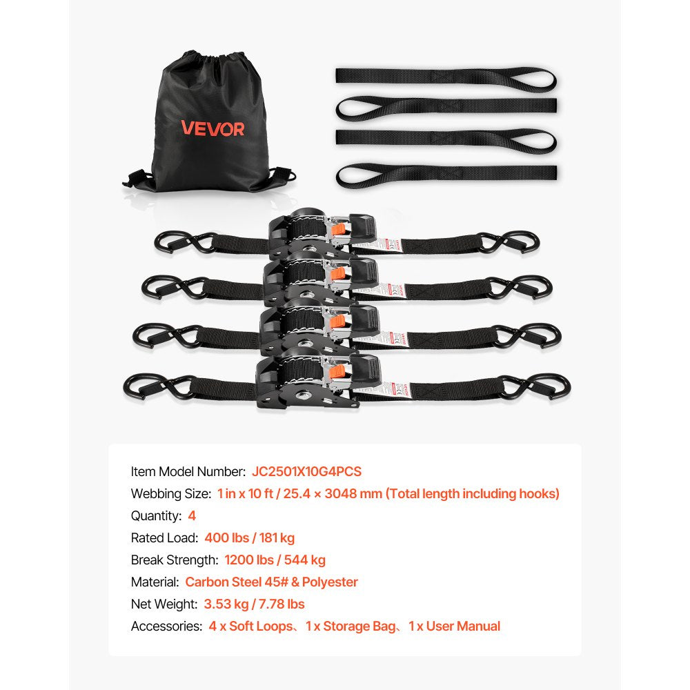 VEVOR Retractable Ratchet Straps, 1 in x 10 ft, Tie Down Straps with S Hooks, 1200 lbs Break Strength, 4 Soft Loops, Tie Down Ratcheting for Moving, Trailers, Motorcycles, Kayaks, Car Roof, 4 Pack