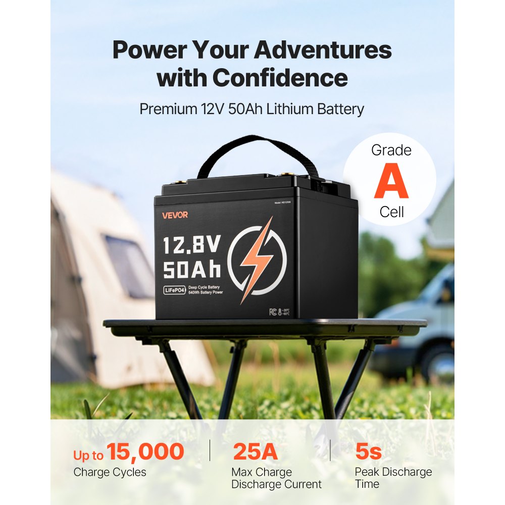 VEVOR 12V 50Ah LiFePO4 Battery, Up to 15000 Cycles, Deep Cycle Lithium Iron Phosphate Battery with Built-in BMS, Low Temperature Protection, 10 Years Lifetime, for Solar Off-Grid Home Energy Storage