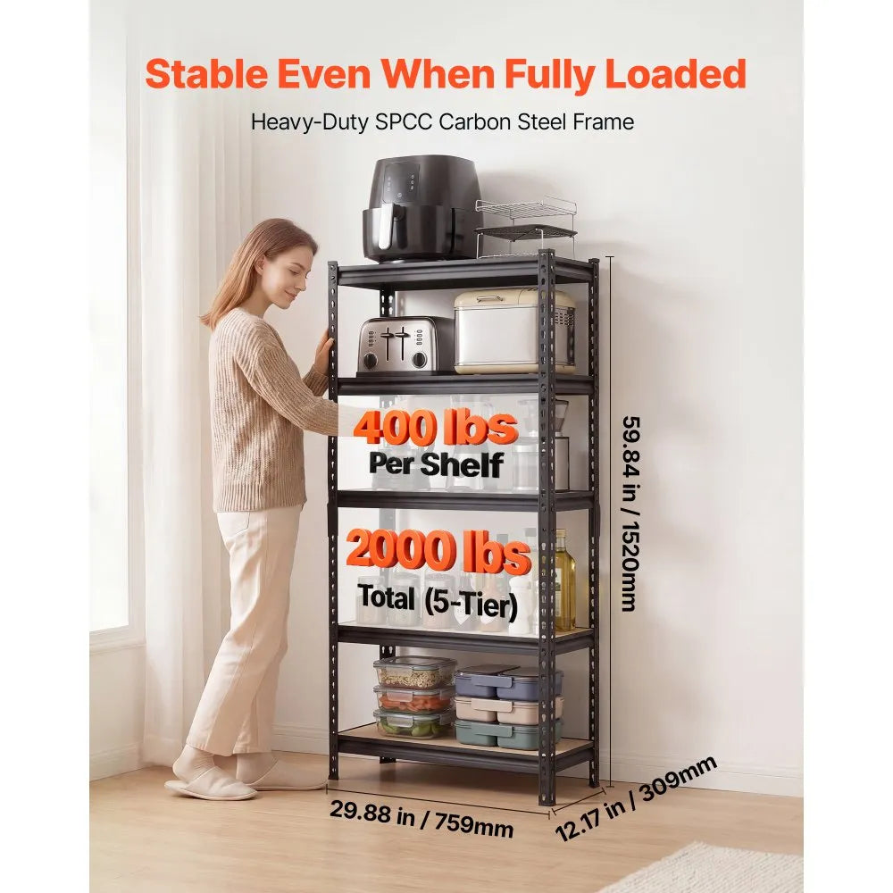 VEVOR Storage Shelves, 5-Tier Adjustable, 2000 lbs Capacity, Heavy Duty Garage Storage Shelving Unit, Metal Utility Rack Shelf, for Kitchen Pantry Basement Bathroom, 29.88" W x 12.17" D x 59.84" H