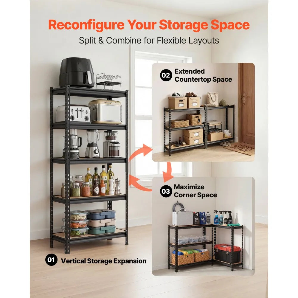 VEVOR Storage Shelves, 5-Tier Adjustable, 2000 lbs Capacity, Heavy Duty Garage Storage Shelving Unit, Metal Utility Rack Shelf, for Kitchen Pantry Basement Bathroom, 29.88" W x 12.17" D x 59.84" H