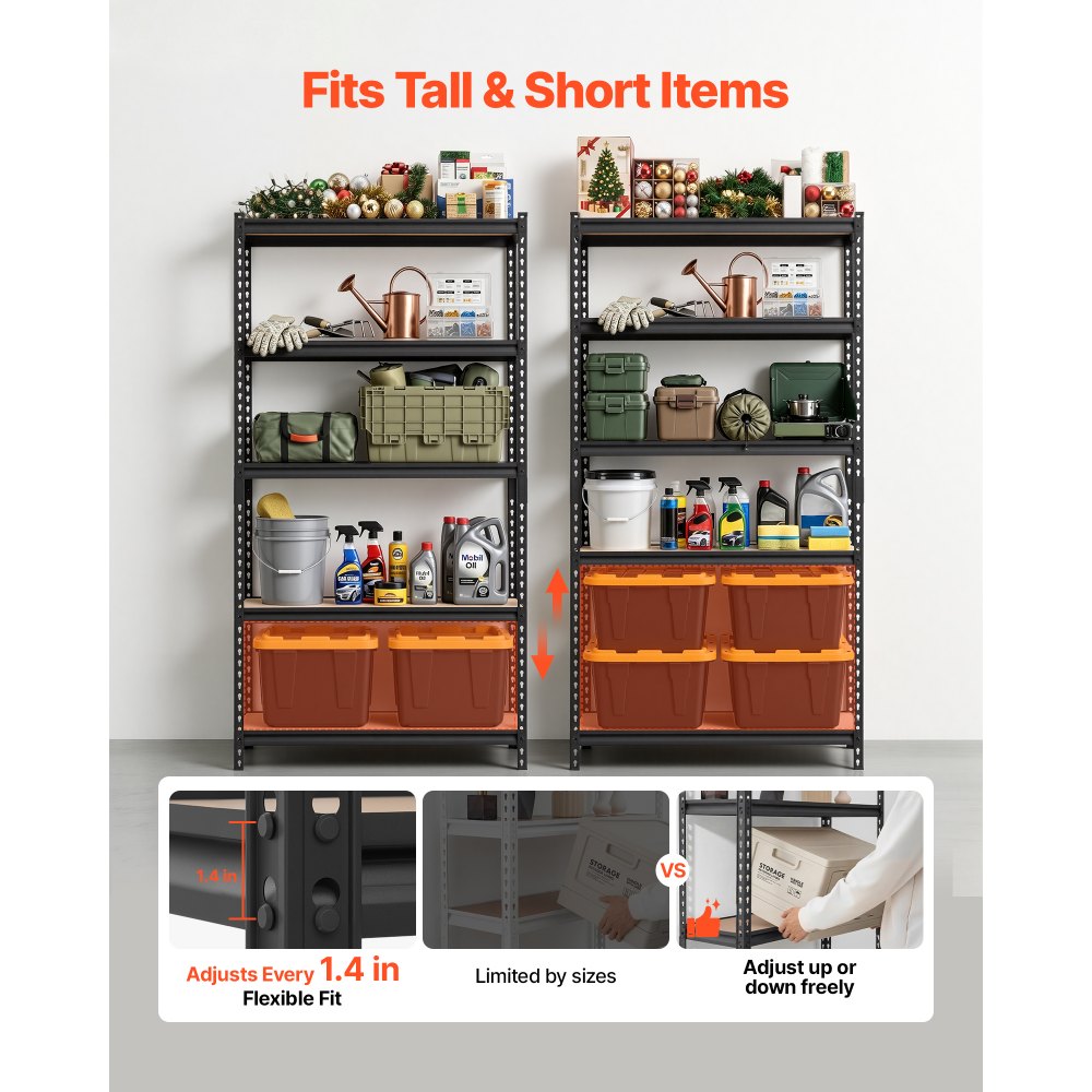 VEVOR Storage Shelves, 5-Tier Adjustable, 2000 lbs Capacity, Heavy Duty Garage Storage Shelving Unit, Metal Utility Rack Shelf, for Garage Warehouse Basement Kitchen, 36.34" W x 18.07" D x 71.38" H