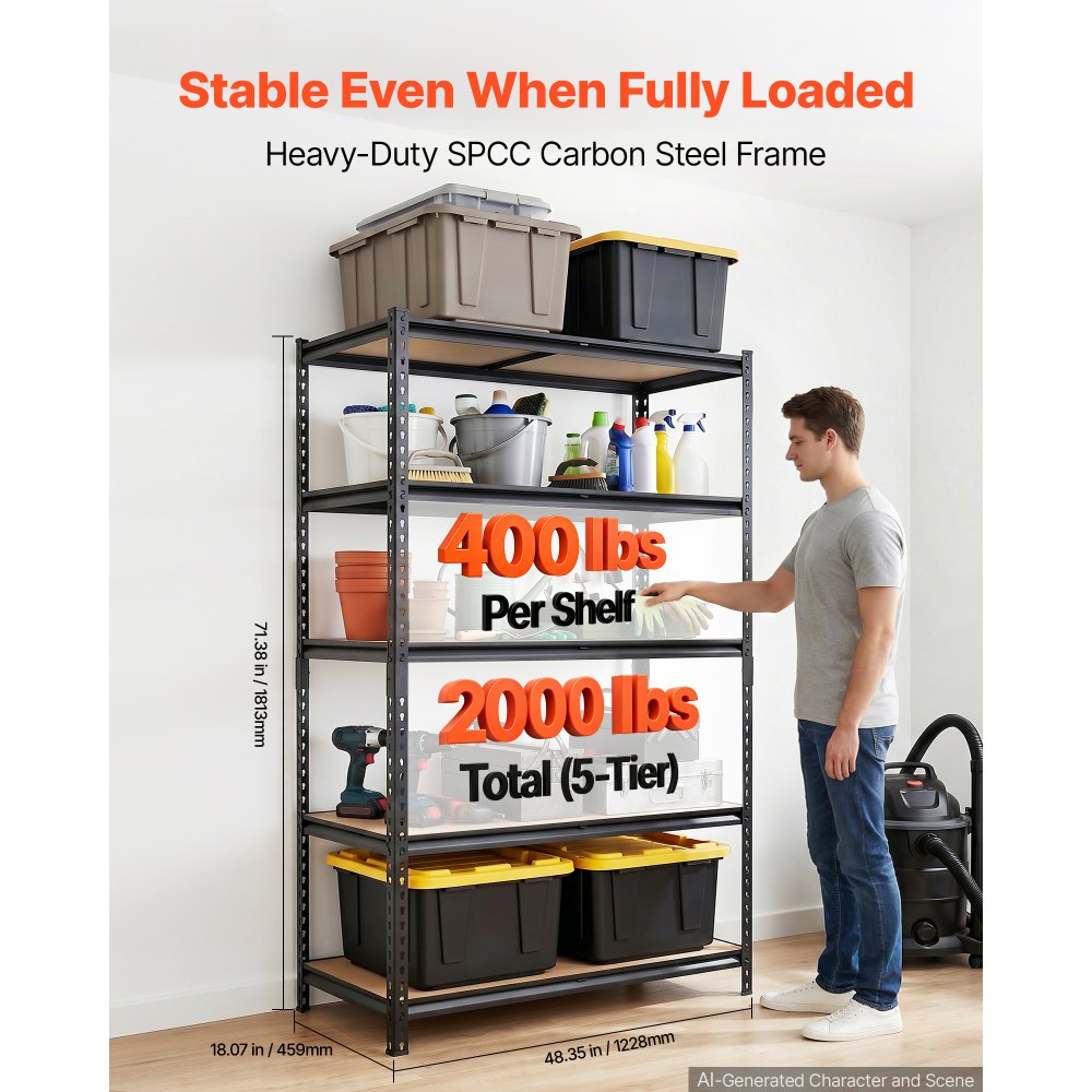 VEVOR Storage Shelves, 5-Tier Adjustable, 2000 lbs Capacity, Heavy Duty Garage Storage Shelving Unit, Metal Utility Rack Shelf, for Garage Warehouse Basement Kitchen, 48.35" W x 18.07" D x 71.38" H