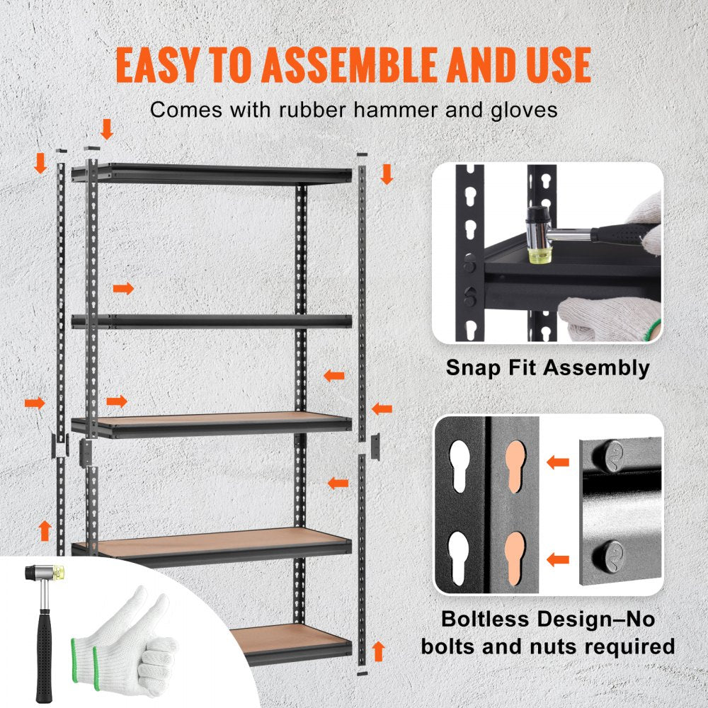VEVOR Storage Shelving Unit, 5-Tier Adjustable, 2000 lbs Capacity, Heavy Duty Garage Shelves Metal Organizer Utility Rack, Black, 18" D x 48" W x 72" H for Kitchen Pantry Basement Bathroom Laundry