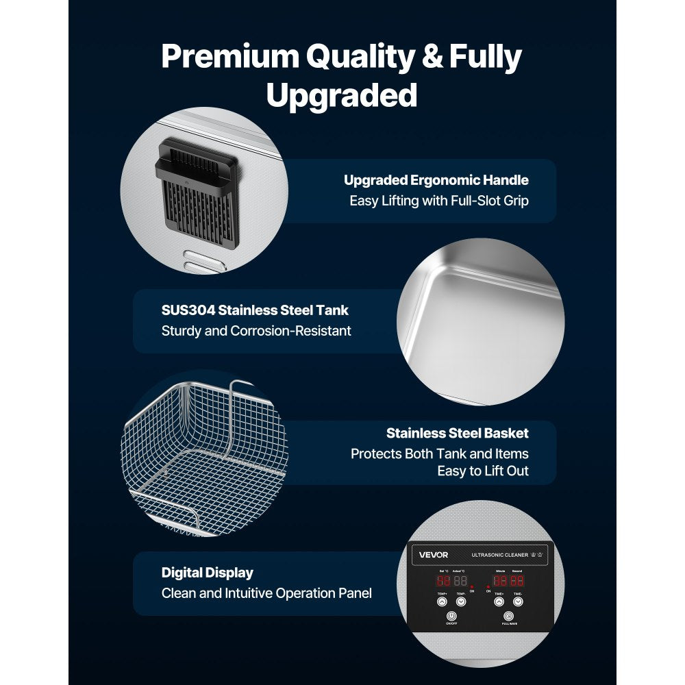VEVOR 15L Ultrasonic Cleaner, Professional Ultrasonic Cleaner Machine with Cleaning Basket & Digital Display, 240W Stainless Steel 40kHz Industrial Cleaning Machine for Parts, Carburetors, Instruments