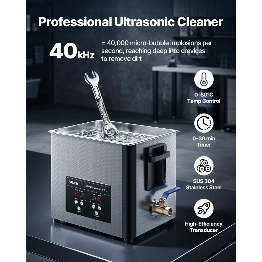 VEVOR 10L Ultrasonic Cleaner, Professional Ultrasonic Cleaner Machine with Cleaning Basket & Digital Display, 180W Stainless Steel 40kHz Cleaning Machine for Watches, Razors, Jewelry, Coins, and More