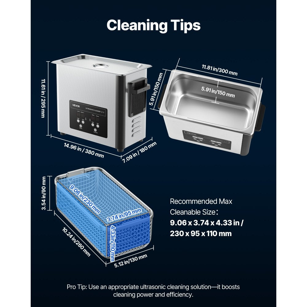 VEVOR 6L Ultrasonic Cleaner, Professional Ultrasonic Cleaner Machine with Cleaning Basket & Digital Display, 120W Stainless Steel 40kHz Cleaning Machine for Watches, Razors, Jewelry, Coins and More