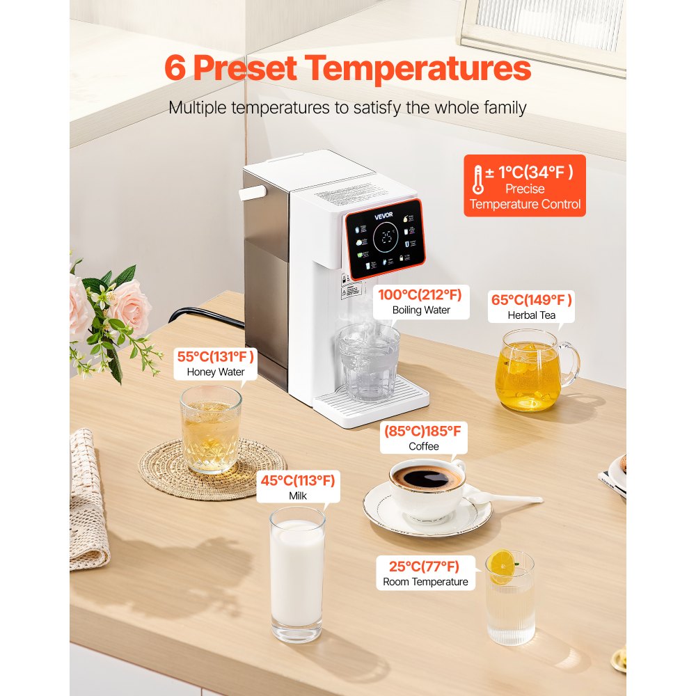 VEVOR Instant Hot Water Dispenser, Countertop Boiling Water Dispenser with Adjustable 6 Temperatures & 7 Water Volumes, 101oz Removable Water Tank, Quick Heating with Touchscreen & Child Lock for Home