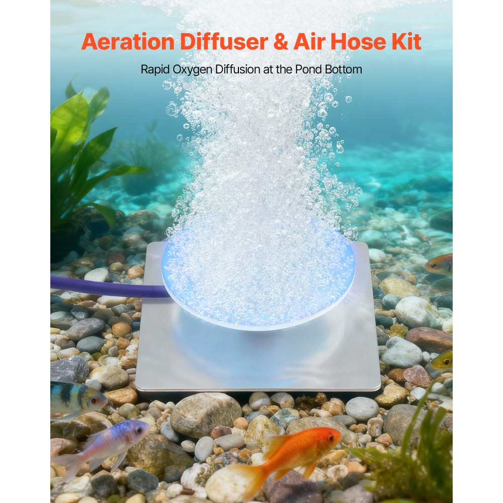 VEVOR Pond Aerator Air Diffuser & 3/8 in Self Sinking Aeration Hose Kit, 8in Silicone Lake Aeration Diffuser with 100ft Flexible Pond Aerator Hose Kit for Ponds Lakes Water Gardens