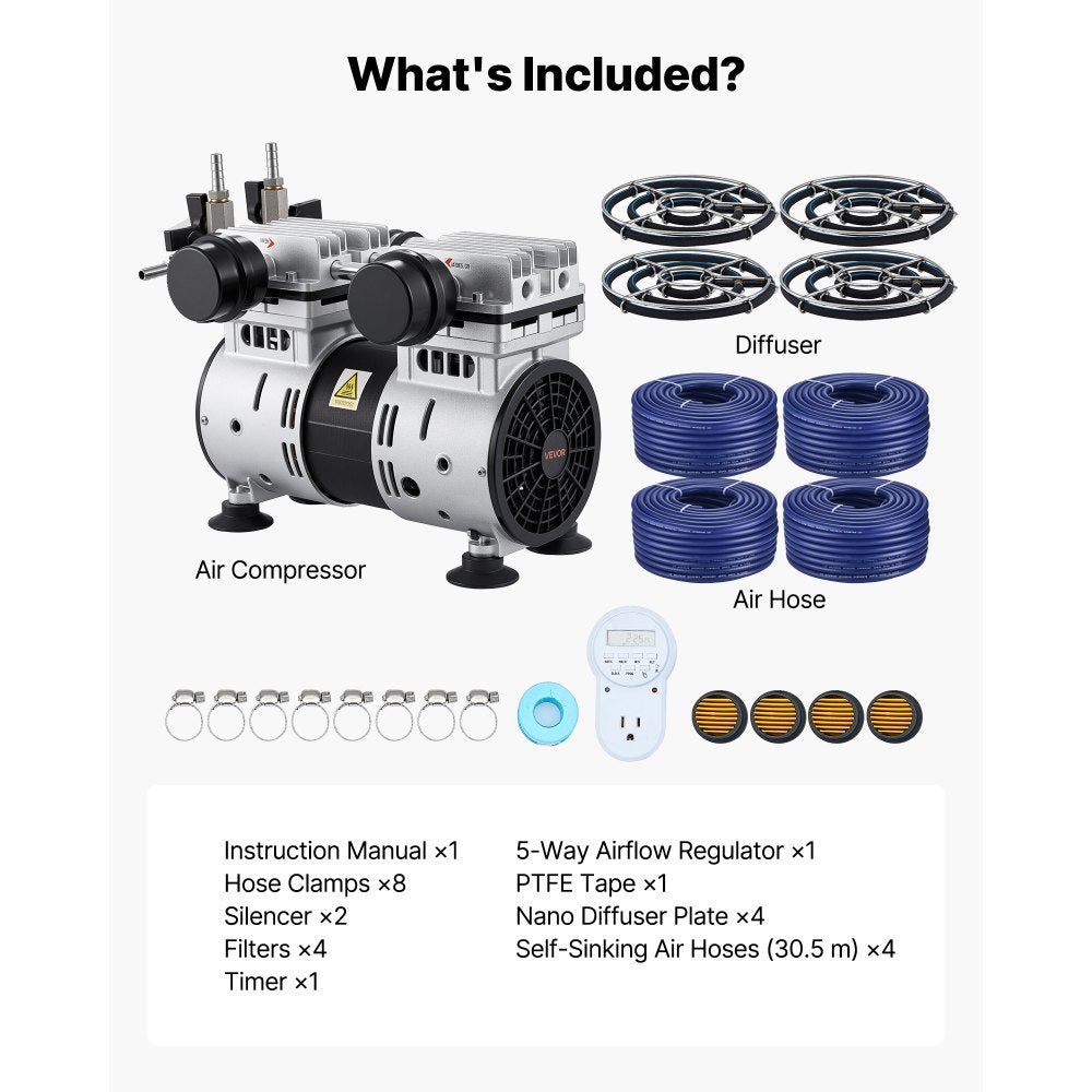 VEVOR Pond Aerators, 6.7CFM Aeration System for Lakes up to 3 Acres, 1 HP Air Compressor, 4 Diffusers & Four 100' Weighted Tubing, Outdoor Pond Aeration Pump for Deep Water Oxygen Circulation