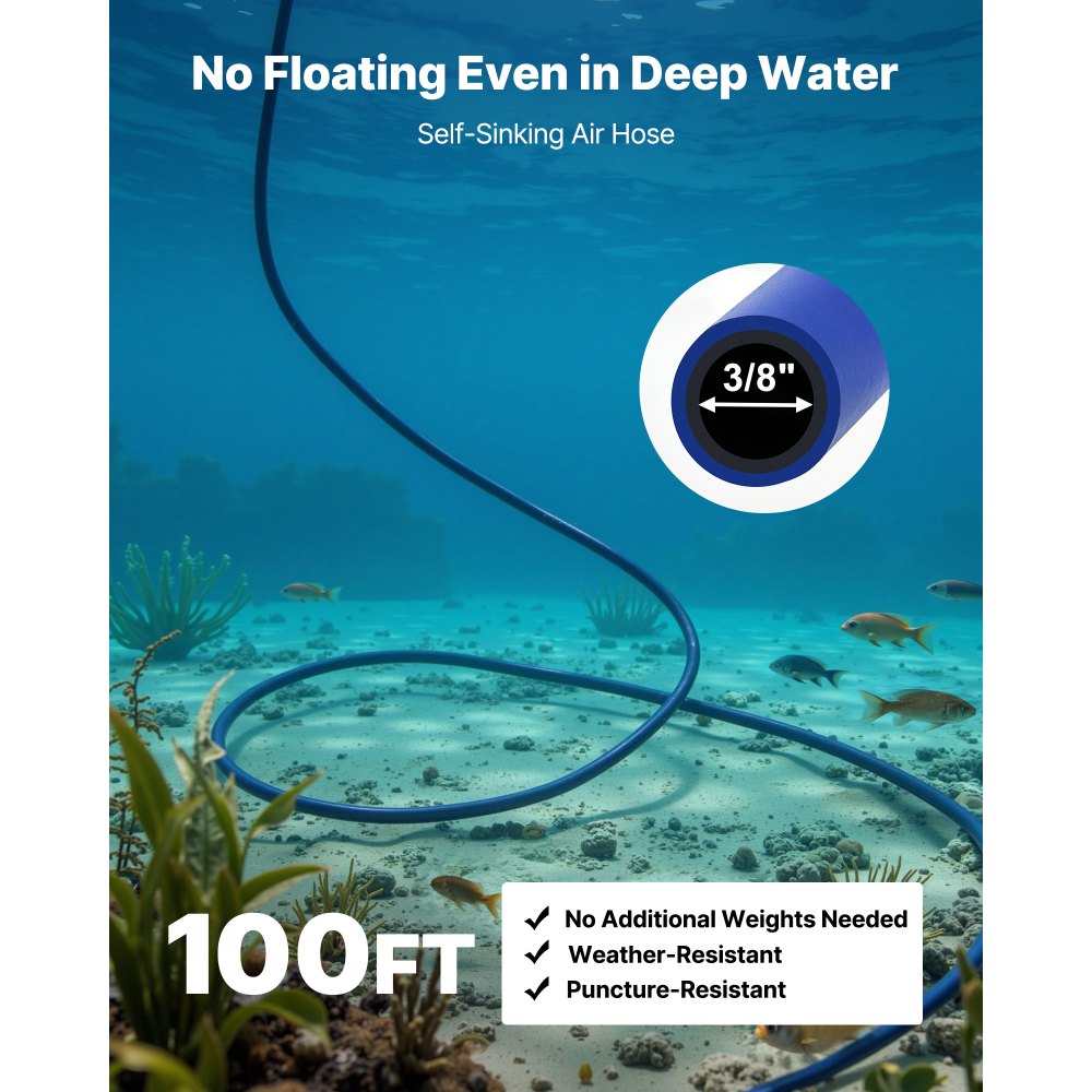 VEVOR Pond Aerators, 5.2CFM Aeration System for Lakes up to 3 Acres, 3/4 HP Air Compressor, 2 Diffusers & Two 100' Weighted Tubings, Outdoor Pond Aeration Pump for Deep Water Oxygen Circulation