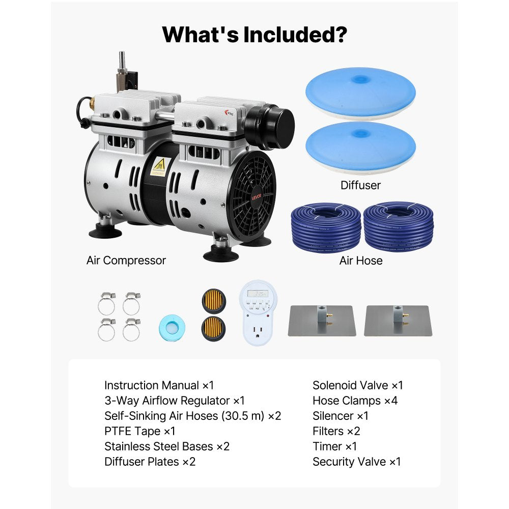 VEVOR Pond Aerators, 5.2CFM Aeration System for Lakes up to 3 Acres, 3/4 HP Air Compressor, 2 Diffusers & Two 100' Weighted Tubings, Outdoor Pond Aeration Pump for Deep Water Oxygen Circulation