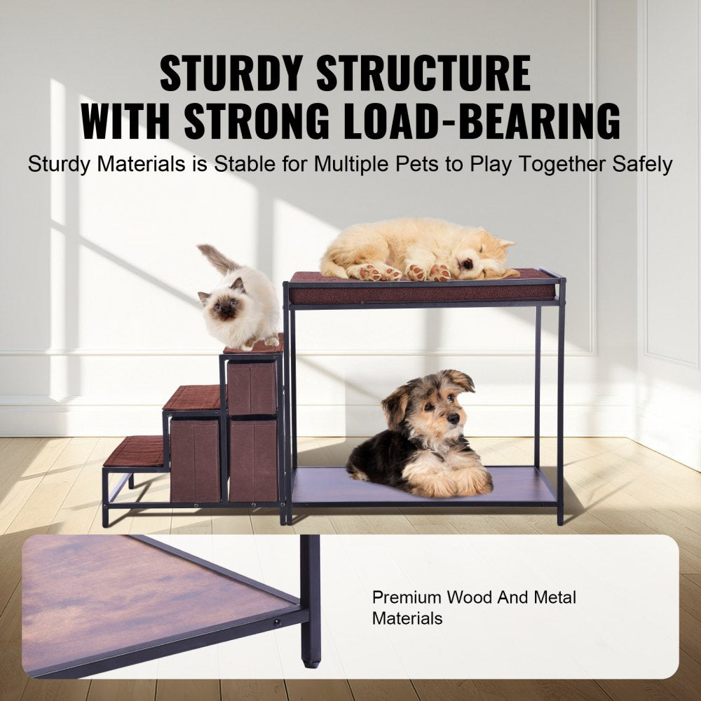 VEVOR Pet Bunk Bed with Stairs, Dog/Cat Window Perch with Storage, Multi-Level Bed Window Perch Dog Bedside Sleeper Couch, Pet Seat Platform for Medium Size Pet, Indoor Use (Dark Brown)