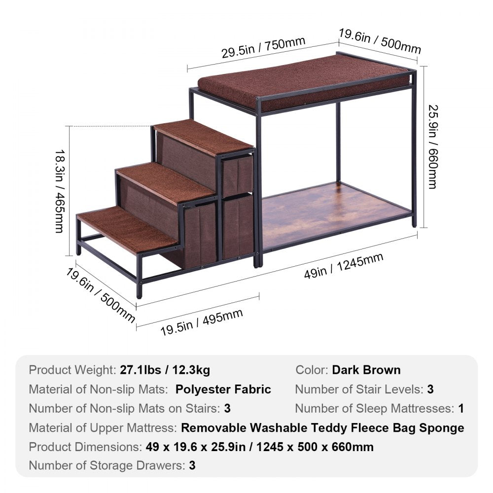 VEVOR Pet Bunk Bed with Stairs, Dog/Cat Window Perch with Storage, Multi-Level Bed Window Perch Dog Bedside Sleeper Couch, Pet Seat Platform for Medium Size Pet, Indoor Use (Dark Brown)