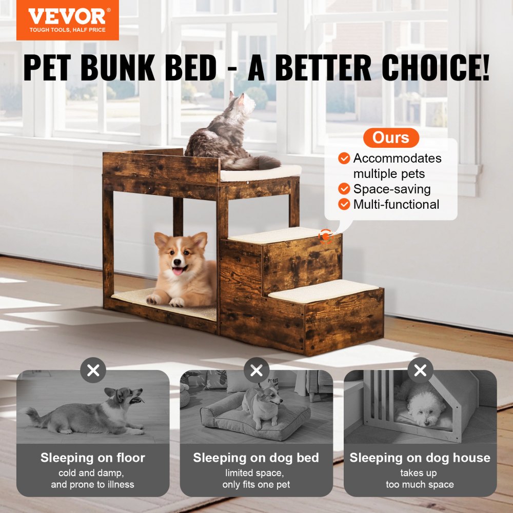 VEVOR Pet Bunk Bed with Stairs, Dog/Cat Window Perch for High Beds and Couches, Medium Multi-Level 3 Step Dog Seat Platform Sleeper Couch, Practical for Modern Homes (Rustic Brown)