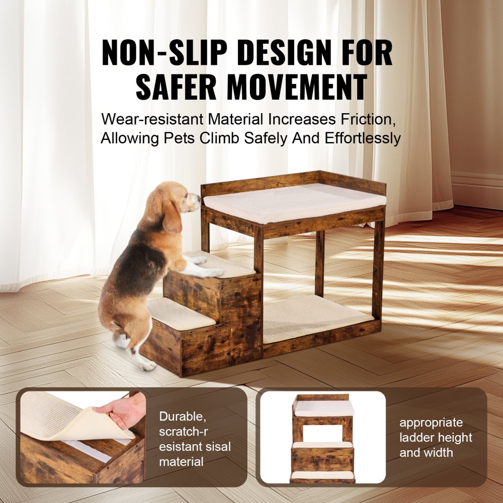 VEVOR Pet Bunk Bed with Stairs, Dog/Cat Window Perch for High Beds and Couches, Medium Multi-Level 3 Step Dog Seat Platform Sleeper Couch, Practical for Modern Homes (Rustic Brown)