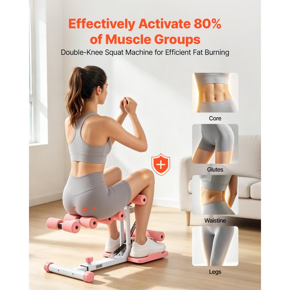 VEVOR Deep Squat Machine, Adjustable Glutes Trainer Machine with 3 High-Strength Resistance Bands, Folding Core Leg and Glutes Exercise Trainer, Push Up Workout Equipment at Home Gym, Pink + White