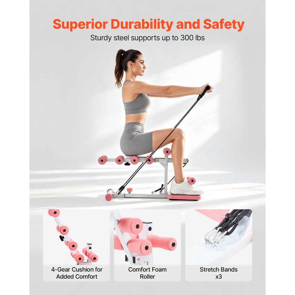 VEVOR Deep Squat Machine, Adjustable Glutes Trainer Machine with 3 High-Strength Resistance Bands, Folding Core Leg and Glutes Exercise Trainer, Push Up Workout Equipment at Home Gym, Pink + White