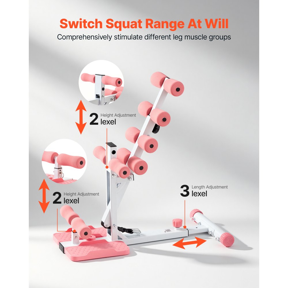 VEVOR Deep Squat Machine, Adjustable Glutes Trainer Machine with 3 High-Strength Resistance Bands, Folding Core Leg and Glutes Exercise Trainer, Push Up Workout Equipment at Home Gym, Pink + White