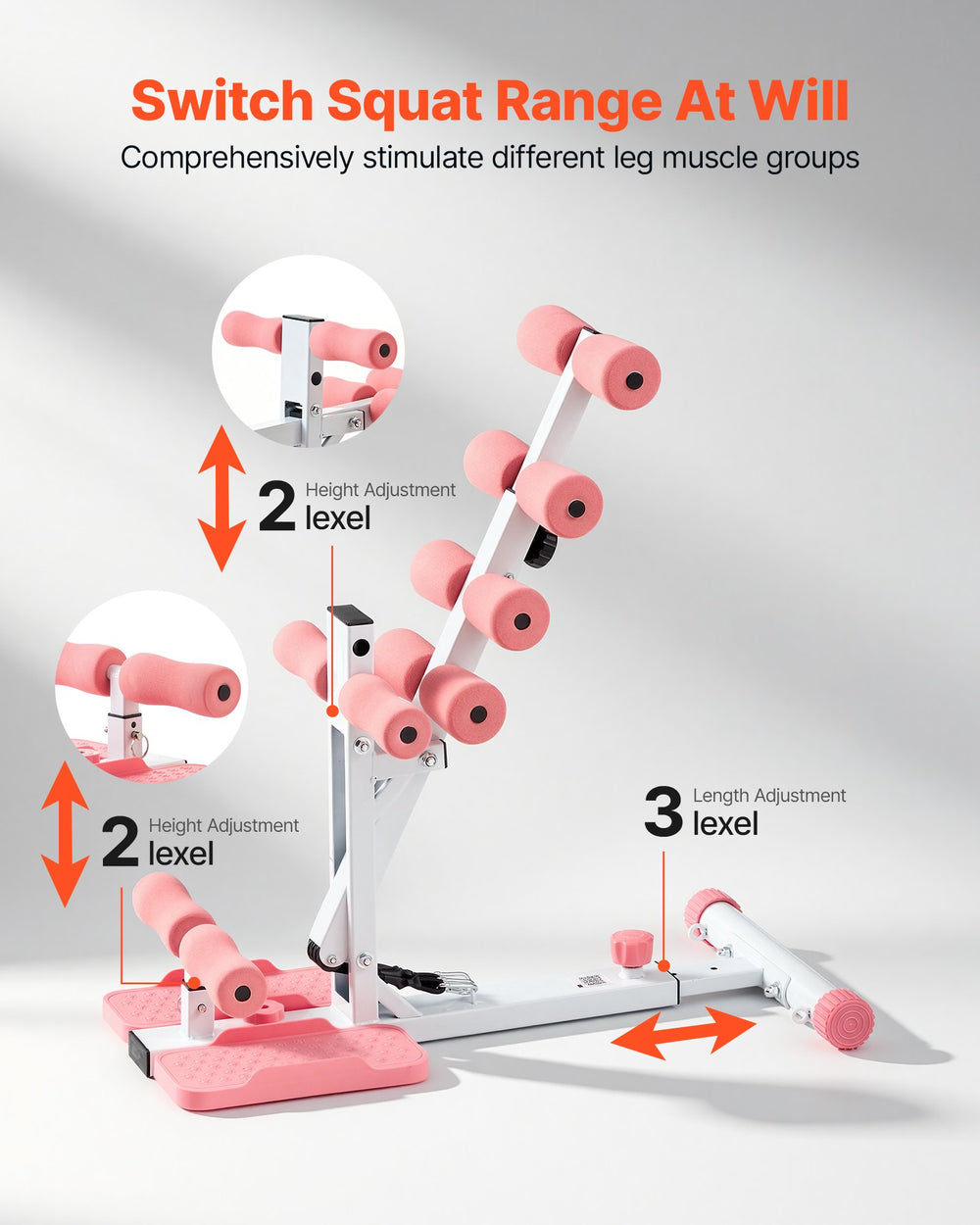 VEVOR Deep Squat Machine, Adjustable Glutes Trainer Machine with 3 High-Strength Resistance Bands, Folding Core Leg and Glutes Exercise Trainer, Push Up Workout Equipment at Home Gym, Pink + White