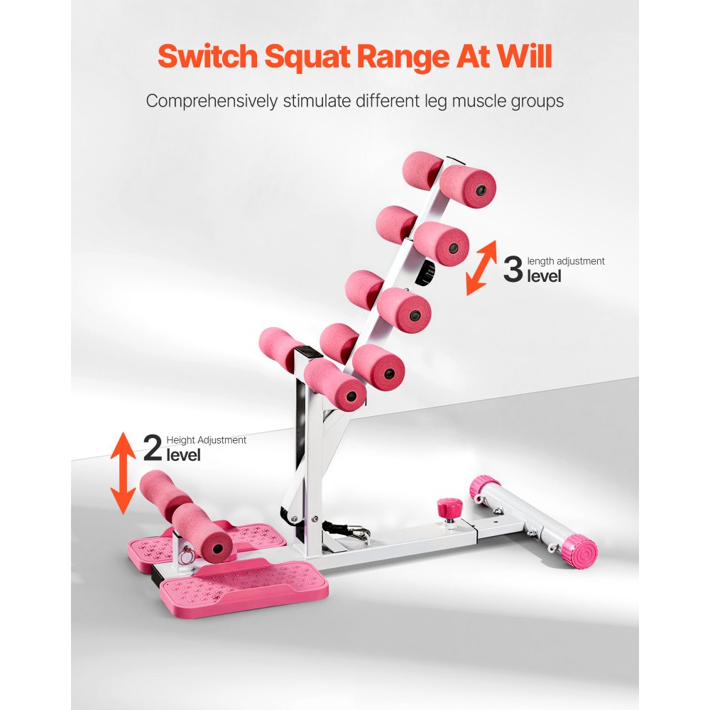 VEVOR Deep Squat Machine, Adjustable Glutes Trainer Machine with 3 High-Strength Resistance Bands, Folding Core Leg & Glutes Exercise Trainer, Push Up Workout Equipment at Home Gym, Pink + White