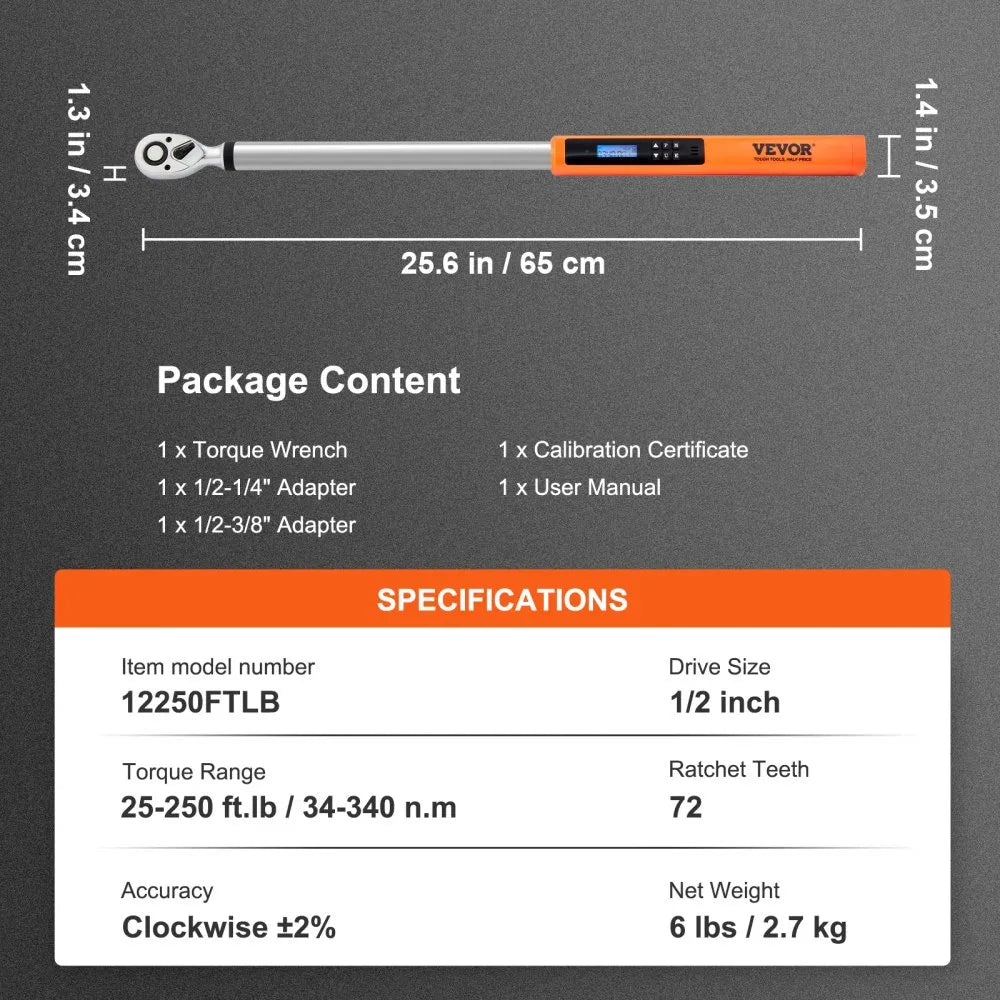 VEVOR Digital Torque Wrench, 1/2" Drive Electronic Torque Wrench, Torque Wrench Kit 25-250ft.lb/34-340n.m Torque Range Accurate to ±2%, 3-Mode Adjustable Torque Wrench Set with LED Buzzer Calibration