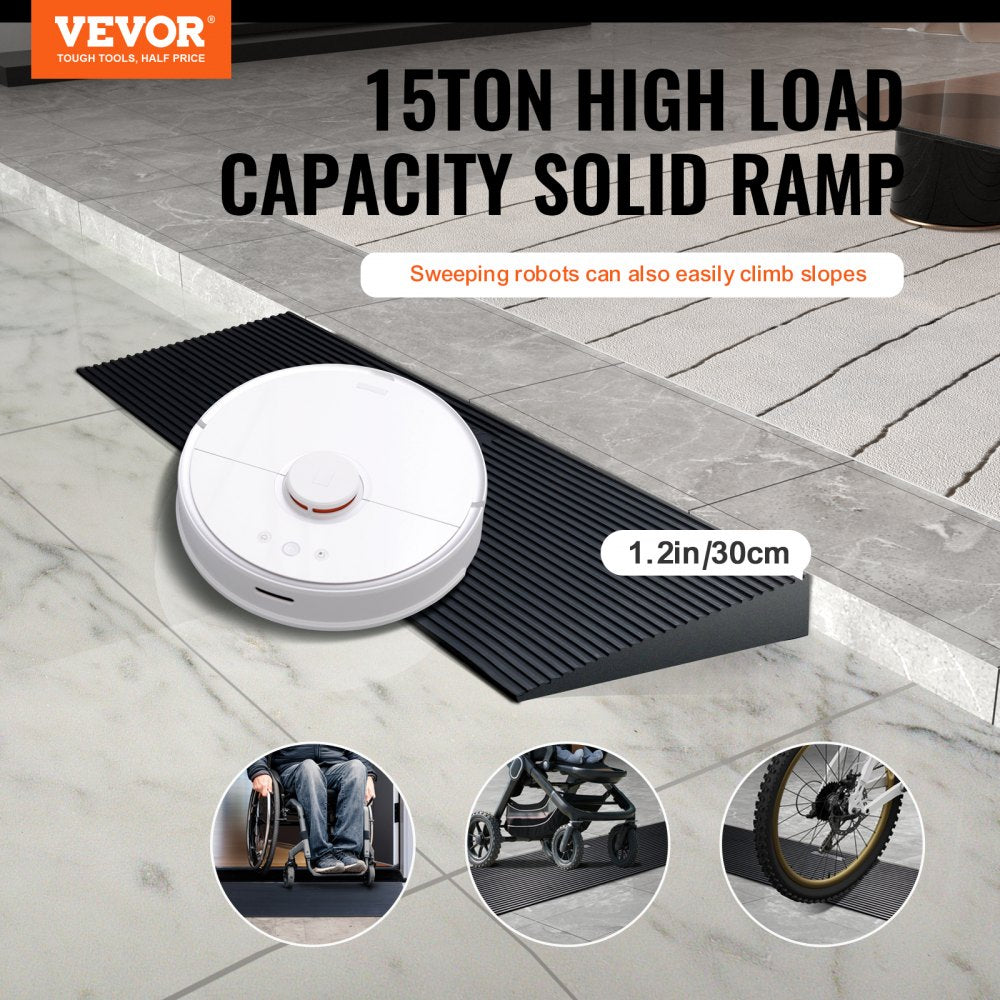 VEVOR 1.2" Rise Cuttable Threshold Ramp for Sweeping Robot, 35.4" Wide Natural Rubber Wheelchair Ramp, Non-Slip Solid Rubber Ramp with Double-Sided Tape for Doorways, Driveways, Bathroom, Smooth Tile