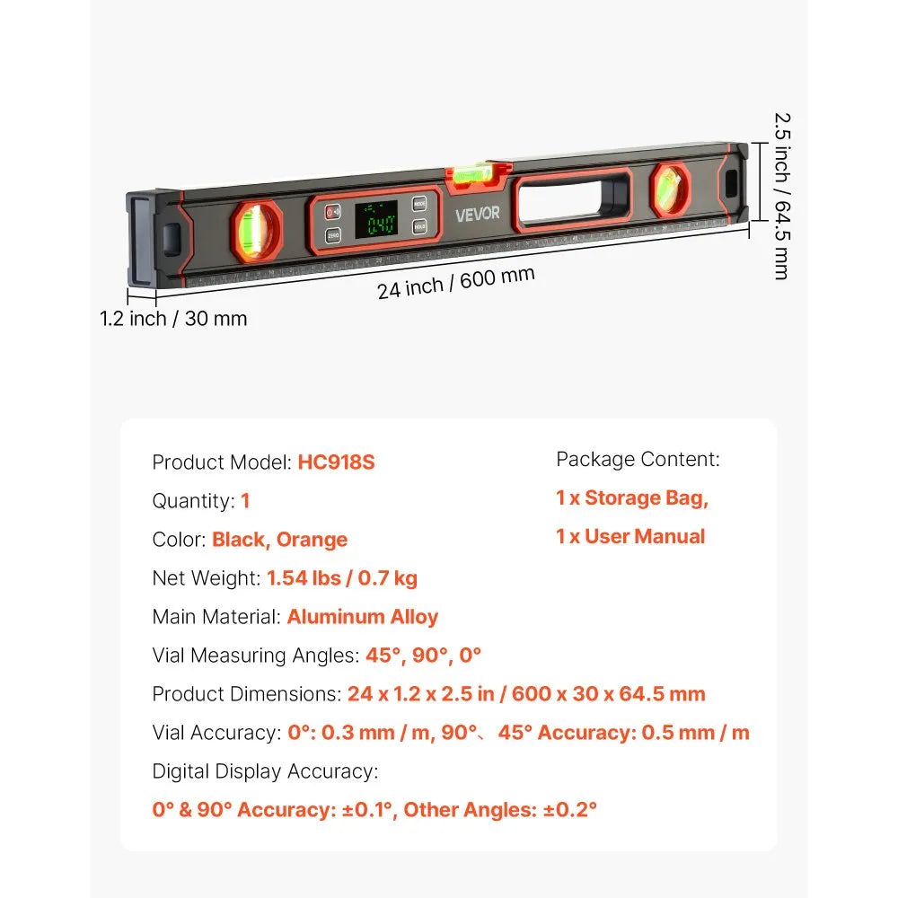 VEVOR Digital Level, 24 in Length, Magnetic Electronic Level with LED Backlit Display, 360° Electronic Leveler Tool with 0°/45°/90° Bubble Vials, IP54 Rating for Construction Carpentry Home Renovation