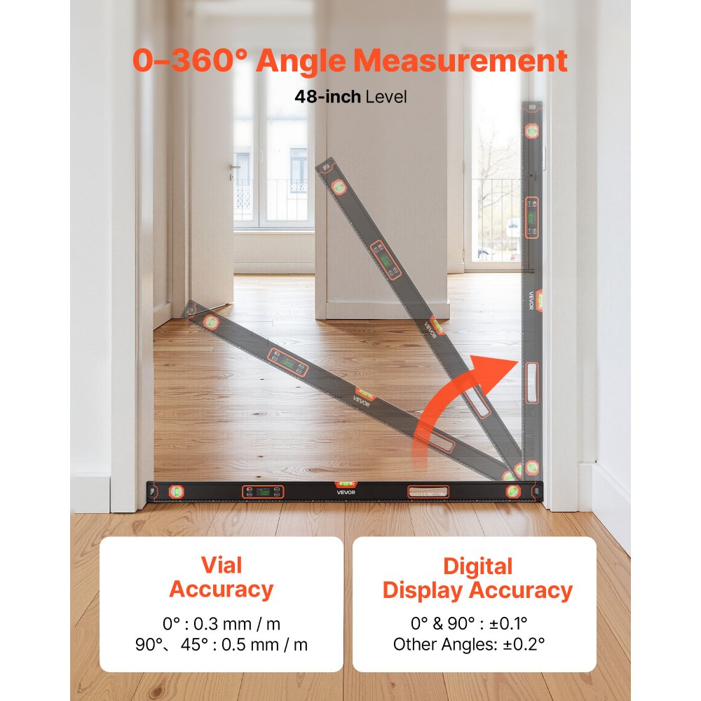 VEVOR Digital Level, 48 in Length, Magnetic Electronic Level with LED Backlit Display, 360° Electronic Leveler Tool with 0°/45°/90° Bubble Vials, IP54 Rating for Construction Carpentry Home Renovation